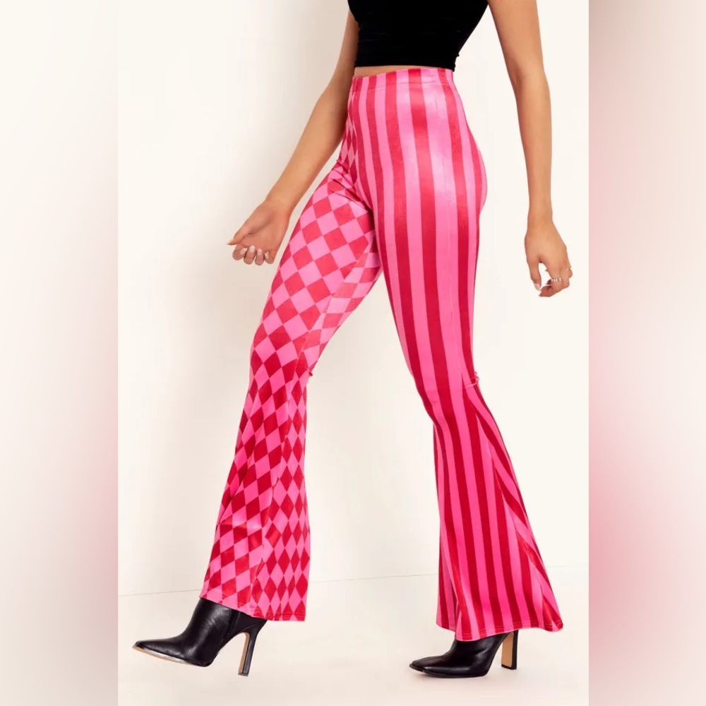 Blackmilk HARLEQUIN CANDY VELVET HW FLARE PANTS